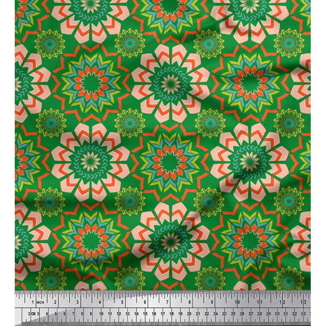 Soimoi Tissu Satin Modal Vert Multicolore Imprimé Mandala au Mètre 42 Pouces de Large