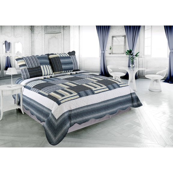 Marina Decoration Rich Printed Stitching Coverlet Bedspread Ultra Soft Summer Bedding Quilt Set with Quilted Sham, Classic Navy Blue Plaid Pattern