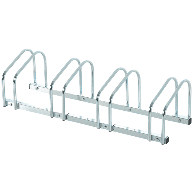 Soozier 4-Bike Bicycle Floor Parking Rack Cycling Storage Stand in silver, made from heavy-duty steel with a rust-proof powder coating. The rack features four arched slots for securely holding up to four bikes, with a galvanized surface for outdoor durability. It can be used as a single or multi-bike rack and is suitable for floor or wall mounting. Dimensions are 43.3 inches long, 13 inches wide, and 10.6 inches high.