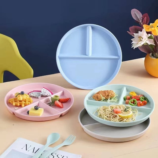 Oleegame 1 Pce Ensemble de Couverts en Acier Inoxydable Assiettes en Blé pour Adultes Ensemble de Vaisselle Réutilisable Enfants Assiette Compartimentée Plateau à Salade en Plastique Bariatrique Plateau à Lunch Micro-Ondes et Lave-Vaisselle Bleu