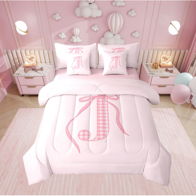 Erosebridal Pink Bow Bed in a Bag Queen size, Initial J Bed Set, Princess Room Decor, Reversible