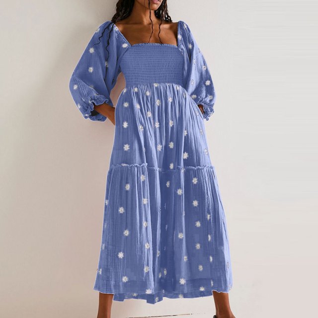 EGNMCR Robes d'Été Femmes Tendance 2024 Femmes Décontractées et Confortables Haut-Parleur Manches 3/4 Robe Imprimée Grande