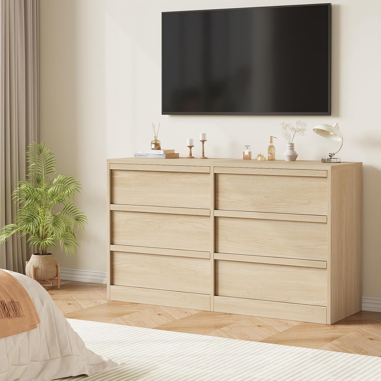 Natural Oak Drawer Dresser with Large Storage, 6 Chest of Drawers, Wooden Dresser Organizer Closet for Living Room, Entryway, Nursery