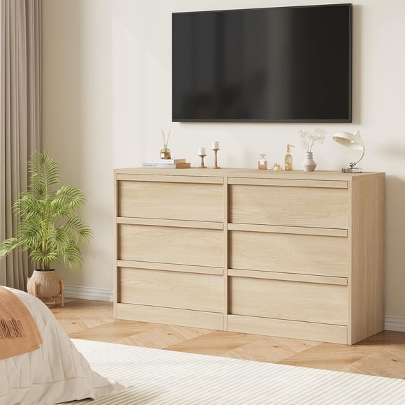 Natural Oak Drawer Dresser with Large Storage, 6 Chest of Drawers, Wooden Dresser Organizer Closet for Living Room, Entryway, Nursery