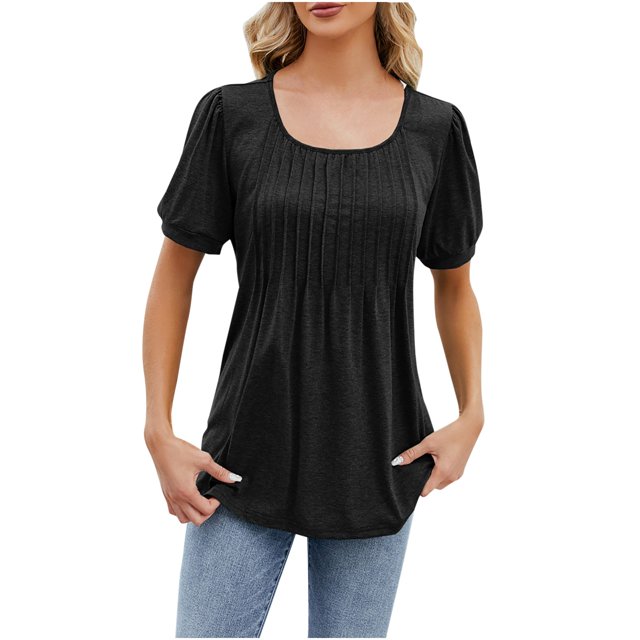 FAIWAD T-Shirts d'Été pour Femmes à Manches Courtes Bouffantes, Encolure Carrée, Tunique Plissée, T-Shirt Ample Chic, Blouse Fluide