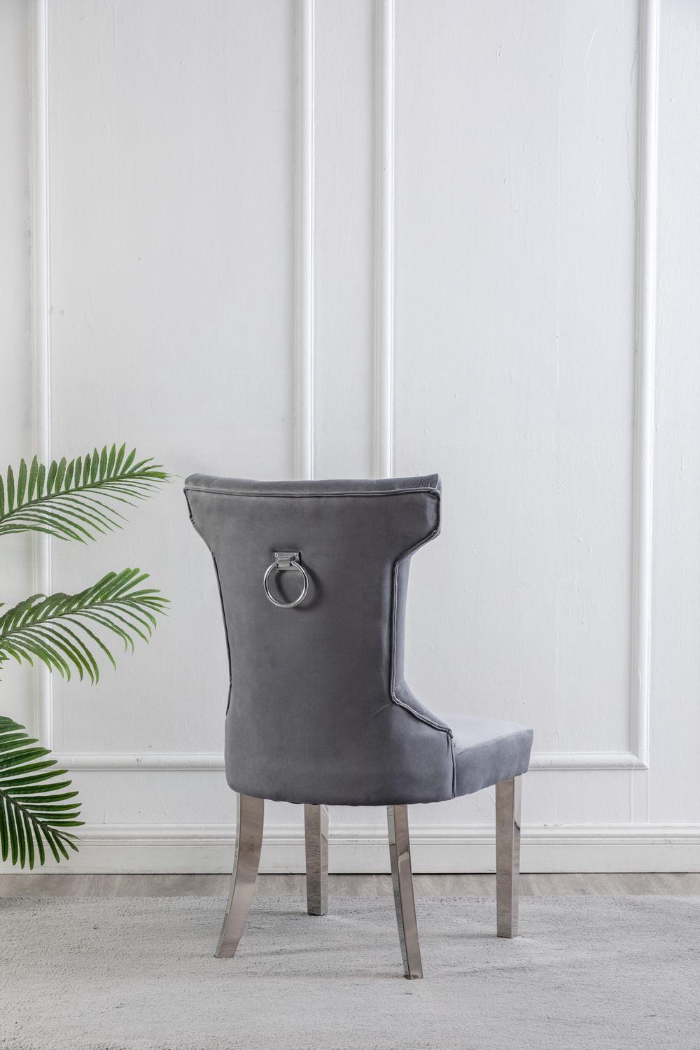 Chaises de salle à manger K-Living Orica en velours capitonné gris avec pieds en acier inoxydable (lot de 2)