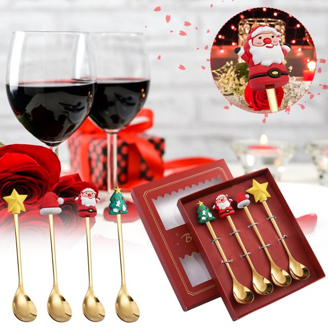 Amzcrzy Silverware Set 4Pcs Stainless Steel Christmas Spoon Gift Set Dessert Spoon Fork Coffee Spoon Christmas Pendant Spoon Tableware Set Steel Tableware Home and Kitchen Kitchen Appliances