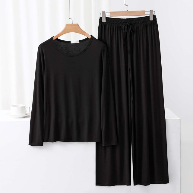 TACILIP Ensembles 2 Pcs pour Femmes Ensembles de Détente d'Été Tenues Col Rond Manches Longues Hauts Pantalons à Jambes Larges Pyjamas pour Femmes Ensemble