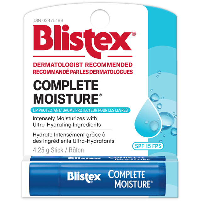 Blistex® Complete Moisture™ Lip Balm in a blue 4.25 g stick with SPF 15, dermatologist recommended, formulated to intensely moisturize dry lips with ultra-hydrating ingredients, displayed on white and blue blister card featuring water droplet design, suitable for daily lip protection and hydration.