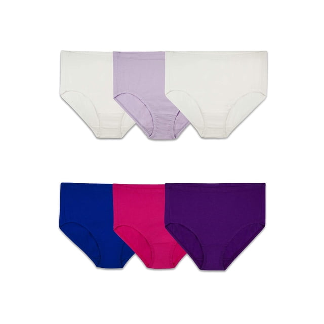 Culottes en Maille de Coton Fit For Me pour Femmes Fruit Of The Loom 6DBCBRP - Lot de 6 (Assorti 13) Taille Haute, Couverture Complète de l'Arrière, Culottes en Maille de Coton en six Couleurs Unies Assorties avec Tricot Évacuant l'Humidité, Ceinture Élastique Recouverte et Ouvertures pour les Jambes, Assise Sans Coutures, Gousset en Coton Sans Étiquette et Cousu; Convient aux Voyages.