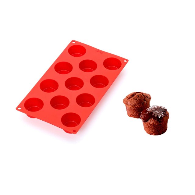 Lekue Red Mini Muffins Mould made of flexible silicone with 12 round cavities, shown with two mini chocolate muffins, one topped with chocolate glaze and sprinkles, suitable for baking homemade desserts and savoury dishes.