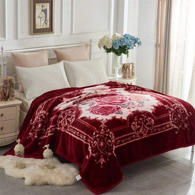 Couverture Coréenne en Vison, Couverture Molletonnée Chaude Imprimée 2 Plis pour Automne, Hiver -King, Burgundy Floral