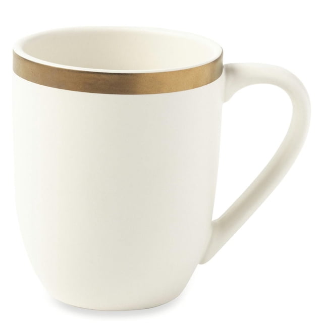 Thyme & Table Stoneware Mug, Everest Collection, white with a gold rim, featuring a rounded silhouette and large handle, made from durable stoneware with a 15 fl oz capacity, microwave and dishwasher safe, ideal for hot beverages and often used as a stylish pen holder.