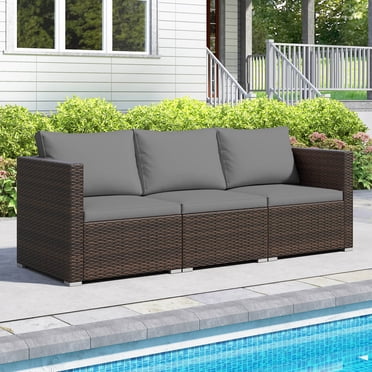 Costway 3PCS Patio Sectional Sofa Set with Right Arm Sofa & Left Arm Sofa, Soft Cushions Gray + Mix Brown
