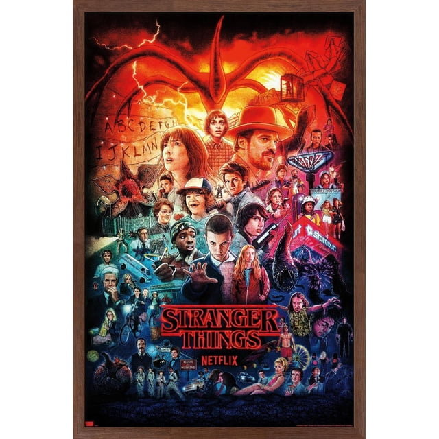 Netflix Stranger Things - Three Seasons One Sheet Wall Poster, 22.375" x 34", featuring a detailed collage of characters and iconic elements from the series such as the Demogorgon, Christmas lights with alphabet letters, Starcourt Mall sign, and the red Stranger Things logo, set against a fiery red and dark blue background in a wooden frame.