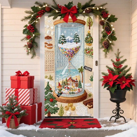 Christmas Door Cover with Stereoscopic Embroidery Style | Festive Door Curtain for Holiday Decoration | Polyester Fabric for Front Door, Indoor Door, Wall, or Table | Christmas Party Decor