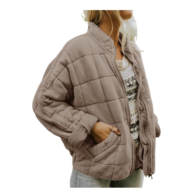 Opperiaya Veste Matelassée à Col Montant pour Femmes Manches Longues Couleur Unie Fermeture Éclair Complète