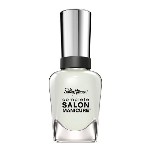 Sally Hansen Complete Salon Manicure Nail Polish in a clear glass bottle with a silver cap, featuring a keratin complex for stronger nails, chip resistance, and a precision brush for easy application, suitable for professional nail care at home.