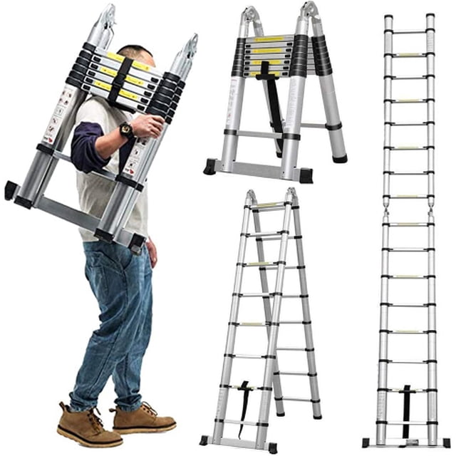 WINGOMART Telescopic Extension Ladder, a portable aluminum A-frame folding telescoping ladder with a maximum height of 16.5 feet in straight mode and 8.2 feet in A-frame mode. The ladder features a compact foldable design for easy storage and portability, with a load capacity of 150 kg (330 lbs). It includes inward slide latches for adjustable height, protection spacers to prevent friction during retraction, and a heavy-duty securing strap for safe transport. Suitable for home and professional use, including maintenance, painting, and decorating.