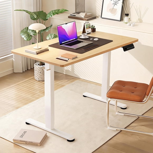 Mainstays Home Office Adult Electric Standing Desk with Memory Presets, Natural Wood Top White Frame