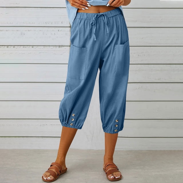 DPTALR Women Summer Casual Loose Bandage Button Pocket Solid Trousers Capris Pants