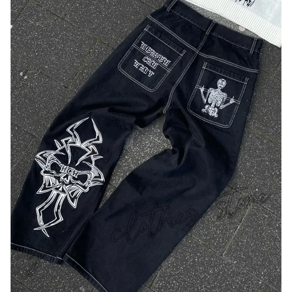 Jeans Vintage JNCO Y2K 2024 Nouveaux Harajuku Hip-Hop Motif Brodé Pantalon en Denim Ample Hommes Femmes Gothique Taille Haute Pantalon Grand