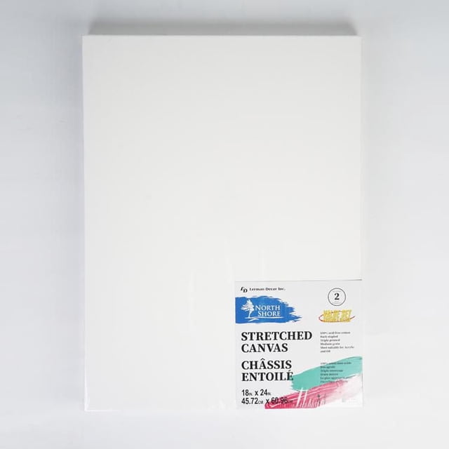 North Shore 2 pack stretched canvas includes two 18x24 inch blank canvases made from 100% acid-free cotton, triple primed and stretched on smooth wood frames, suitable for oil, acrylic, watercolor, and gouache painting, ideal for both beginners and professionals.
