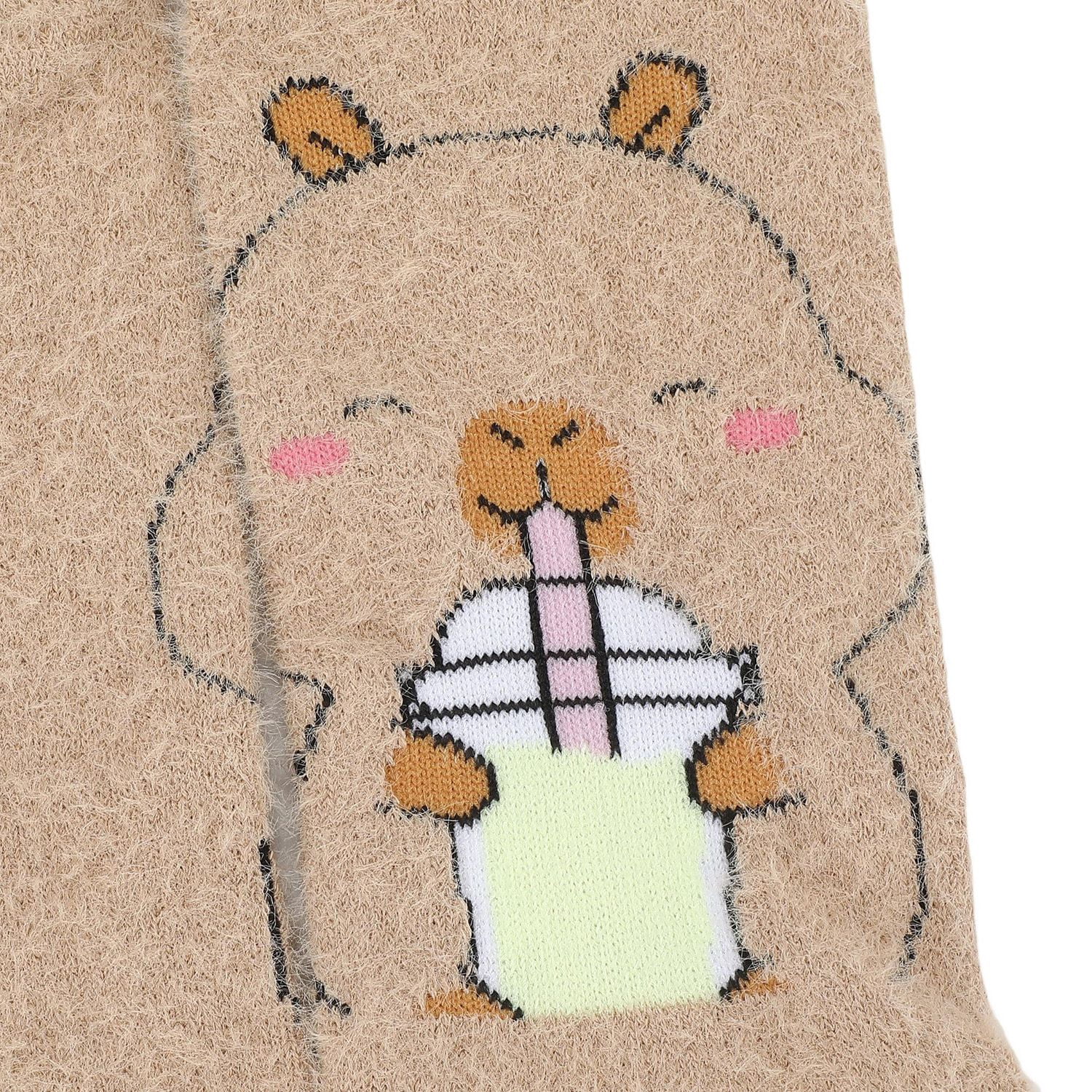 Capyfun Chaussettes Mi-Mollet Douillettes En Peluche Capybara Boba Pour Enfants, Beige, 1 Paire