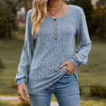 thumbnail image 2 of CEHVOM Women's Round Neck Stripe Matte Solid Color Button Splicing Long Sleeved T-shirt Top Clearance, 2 of 4