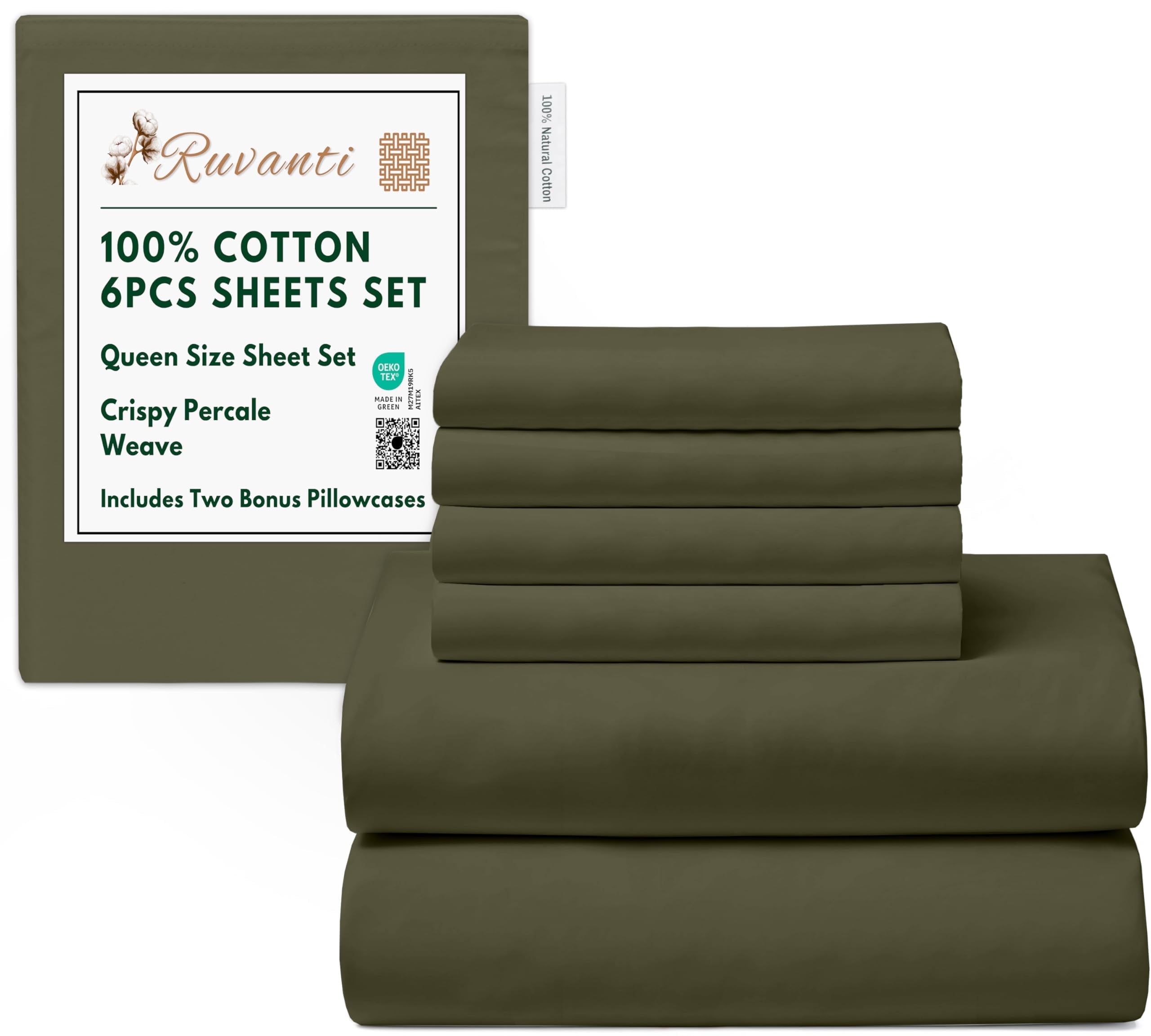 RUVANTI 6 Pcs Cotton Sheets - 100% Natural Cotton Soft, Lightweight & Breathable Crispy Percale Bed Sheets, Queen Sheet Set 16" Deep Pockets, Winter Moss