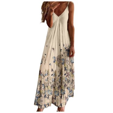 JIRNDf Robes d'Été Femmes Tendance 2025 Décontractée Slip Col en V Maxi Bohème Floral Longue Couverture de Plage Robes d'Été de Plage Boho Robe Bleue m