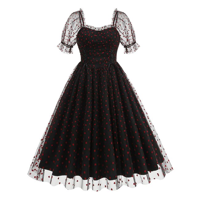 hotojiny Robes de Cocktail pour Femmes Renaissance Vintage en Maille Manches Courtes Bouffantes Robe Midi Rétro Cœur Ligne A Fluide Robes de Fête