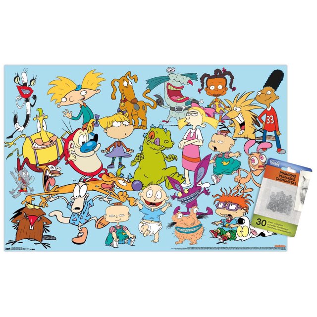 Nickelodeon Characters Wall Poster, 14.725" x 22.375" framed, featuring a front-facing collage of classic Nickelodeon cartoon characters from Rugrats, Hey Arnold!, Ren & Stimpy, Rocko's Modern Life, and CatDog on a light blue background with vibrant colors and bold outlines. This Trends International poster has a premium satin finish and lightweight frame with a sawtooth hanger, suitable for bedrooms, offices, or dorm rooms, and often used as party decor or gifts.
