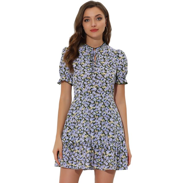 INSPIRE CHIC Robe d'Été à Manches Courtes Bouffantes en Chiffon avec Nœud Floral à Volants pour Femmes