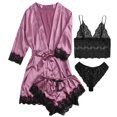 thumbnail image 4 of Ketyyh-chn99 Robe de Nuit pour Femmes Ensemble de Pyjama Tenue de Nuit Pyjama en Soie Satinée pour Femmes Ensemble 4 Pcs Lingerie Dentelle Florale Tenue de Nuit avec Peignoir Violet, TG, 4 of 5