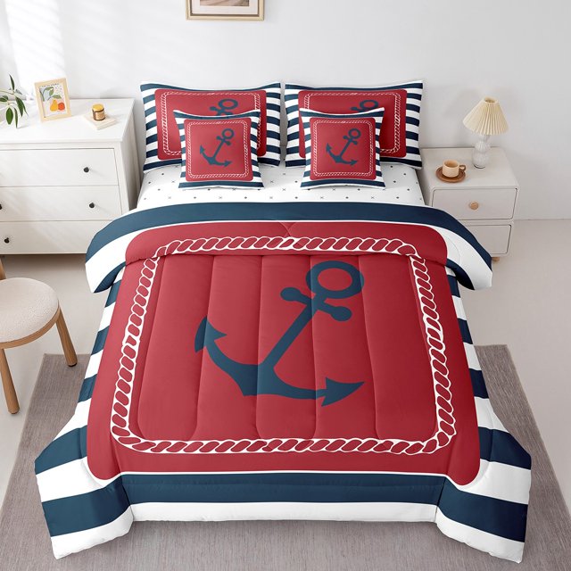 Erosebridal Ensemble de Literie Complet à Motif d'Ancre Format Grand, Ensemble de Lit à Thème Nautique, Décor de Chambre Bleu Marine Rouge, Réversible 7 Pcs