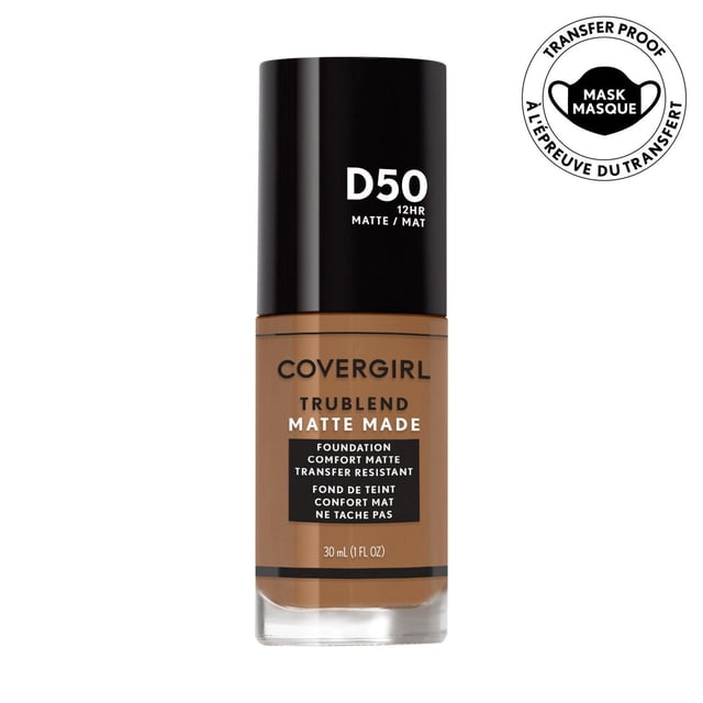 COVERGIRL Trublend Matte Made Fond de Teint Teinte D50, un Fond de Teint Liquide de 30 ml avec une Finition Mate et une Résistance au Transfert après 12 Heures, Conçu pour la Peau Normale à Grasse afin de Minimiser les pores et d'Absorber l'Huile, Offrant une Sensation flexible et Confortable et une Formule Sans Huile, Souvent Utilisé pour une Couvrance Longue Durée à l'Apparence Naturelle.