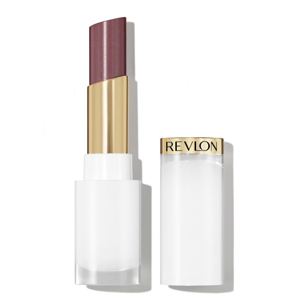 Super Lustrous™ Glass Shine Balm by Revlon in a sheer mauve shade, housed in a white frosted base with a gold metallic twist-up tube and a matching white frosted cap embossed with the Revlon logo, delivering moisturizing, high-shine lip color with a non-sticky, buttery-soft texture.
