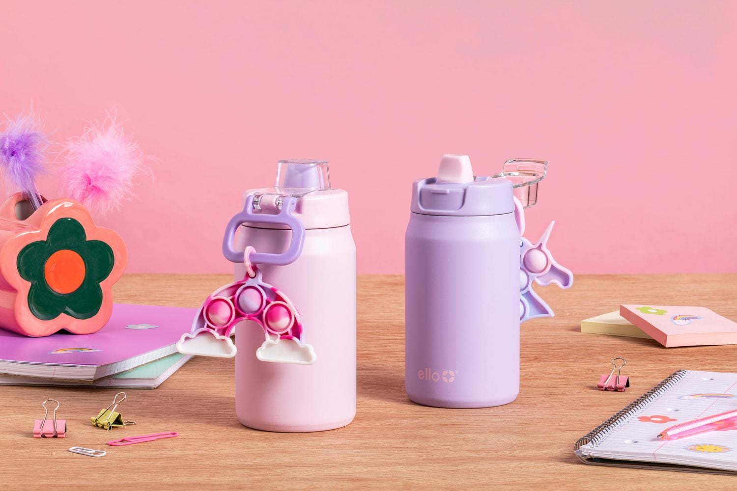 Ello Milo12oz Pink Powder coat with Unicorn Fidget Charm