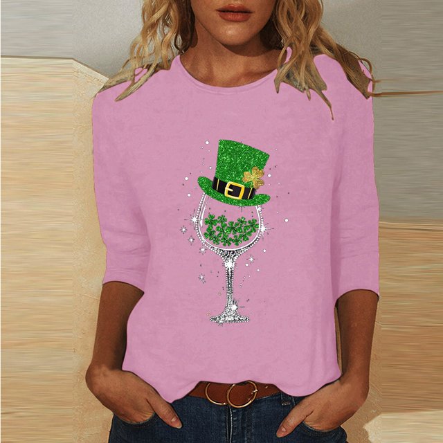 T-Shirt Ample à Manches Trois-Quarts et Col Rond Imprimé pour la Saint-Patrick pour Femmes