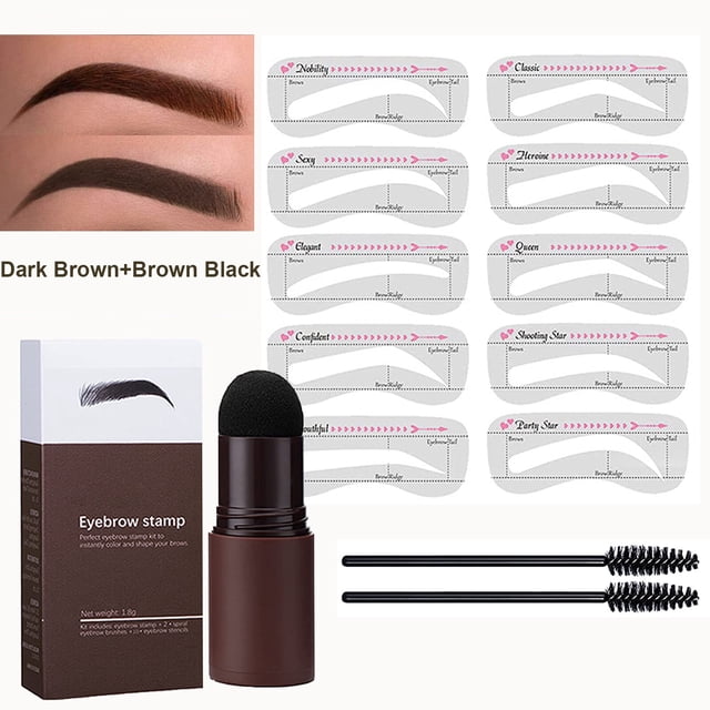 Stencil Tampon pour Sourcils, Ensemble de 2 en Brun Foncé et Brun Noir, Comprenant un Applicateur Coussin en Forme de Champignon, 10 Pochoirs à Sourcils Réutilisables et Deux Brosses à Sourcils. Ce kit de Coiffage des Sourcils Imperméable et Résistant à la Transpiration Est Idéal pour Sculpter et Définir les Sourcils. Comprend des Pochoirs Étiquetés avec Diverses Formes pour une application Facile, Convient aux Accessoires de Beauté et aux Outils pour Sourcils.