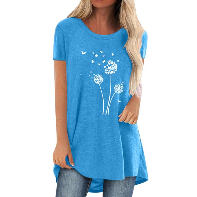 Pompotops Femmes Mode Casual Impression Chemises Manches Courtes Tee-Tops Tunique Blouse