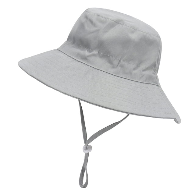Toddler Baby Summer Sun Protection Fashion Solid Color Sun-Hat in grey, made from lightweight and breathable cotton twill fabric. Features a wide brim for sun protection, an adjustable strap for a secure fit, and a foldable design for easy portability. Suitable for children aged 0 months to 6 years, with sizes XS, S, and M available for head circumferences ranging from 44-54 cm. Ideal for outdoor activities such as picnics, travel, and beach outings.