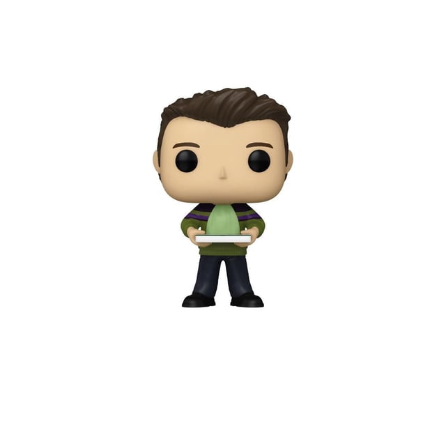 Funko Pop! Friends - Joey Tribbiani Vinyl Figure, front-facing and centered, standing over three inches tall, with brown hair, black eyes, wearing a green sweater with purple and black stripes on the sleeves, dark pants, and black shoes, holding a white rectangular object, ideal for collectors and casual fans.