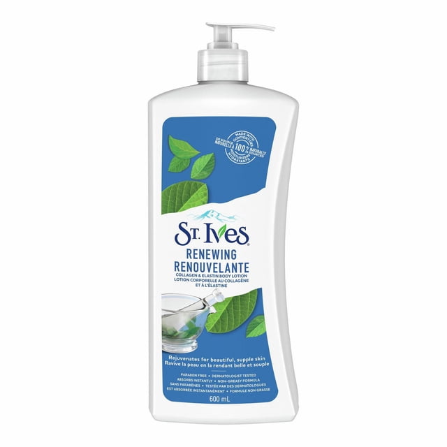 St. Ives Collagen Elastin Renewing Body Lotion in a white 600 mL pump bottle with blue label featuring green leaves and a glass bowl, formulated with 100% naturally sourced moisturizers including collagen and elastin proteins for fast-absorbing hydration and skin renewal, ideal for dry and sensitive skin.