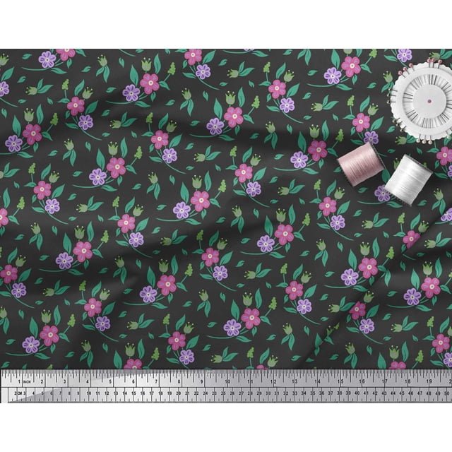 Soimoi polyester Crepe Fabric Leaves & Periwinkle Floral Printed Fabric 1 Yard 52 Inch Wide