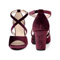 thumbnail image 4 of BLISSFUL STEP Women's Shoes Faux Velvet Chunky Heel Open Toe Crisscross Strap Buckle Sandals Burgundy 7, 4 of 4