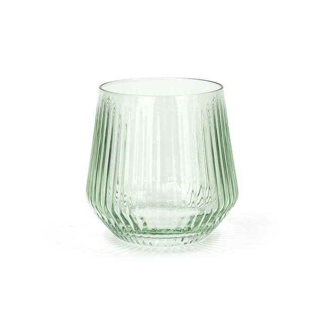 Sabatier 4 pack DOF Ribbed Glasses 380ml Green four green-tinted double-old-fashioned ribbed glasses in a front-facing grouped view, straight-sided silhouette with vertical ribbed texture, 380 ml (12 oz) capacity for serving spirits or mixed drinks, dishwasher safe on a neutral tabletop; also suitable for iced cocktails or water.