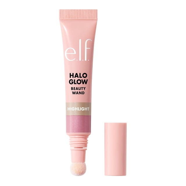 e.l.f. Cosmetics Halo Glow Highlight Beauty Wand in a pink tube with black and white text, featuring a cushion tip applicator and matching cap beside it, designed for precise application of liquid highlighter to create radiant, glowing skin, suitable for enhancing facial features with a dewy finish.