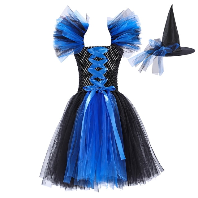 YOUSNH Halloween Tout-Petits Enfants Bébés Filles Magnifique Sorcière Robe Noire avec Chapeau Tutu Chic Déguisement Fête Tulle Robes Robes pour Filles J_002 8-9 Ans